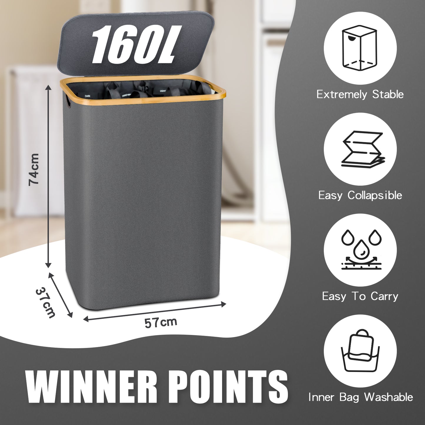 160 L  Laundry Hamper Grey