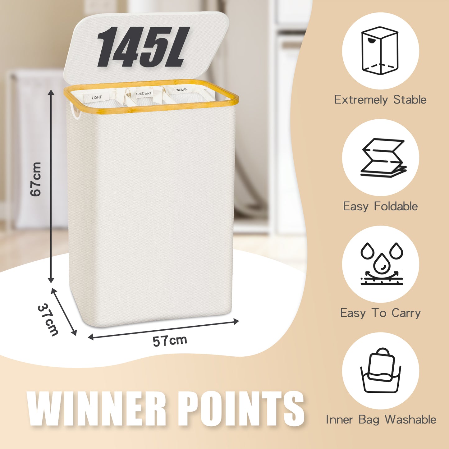 145 L Laundry Hamper Beige